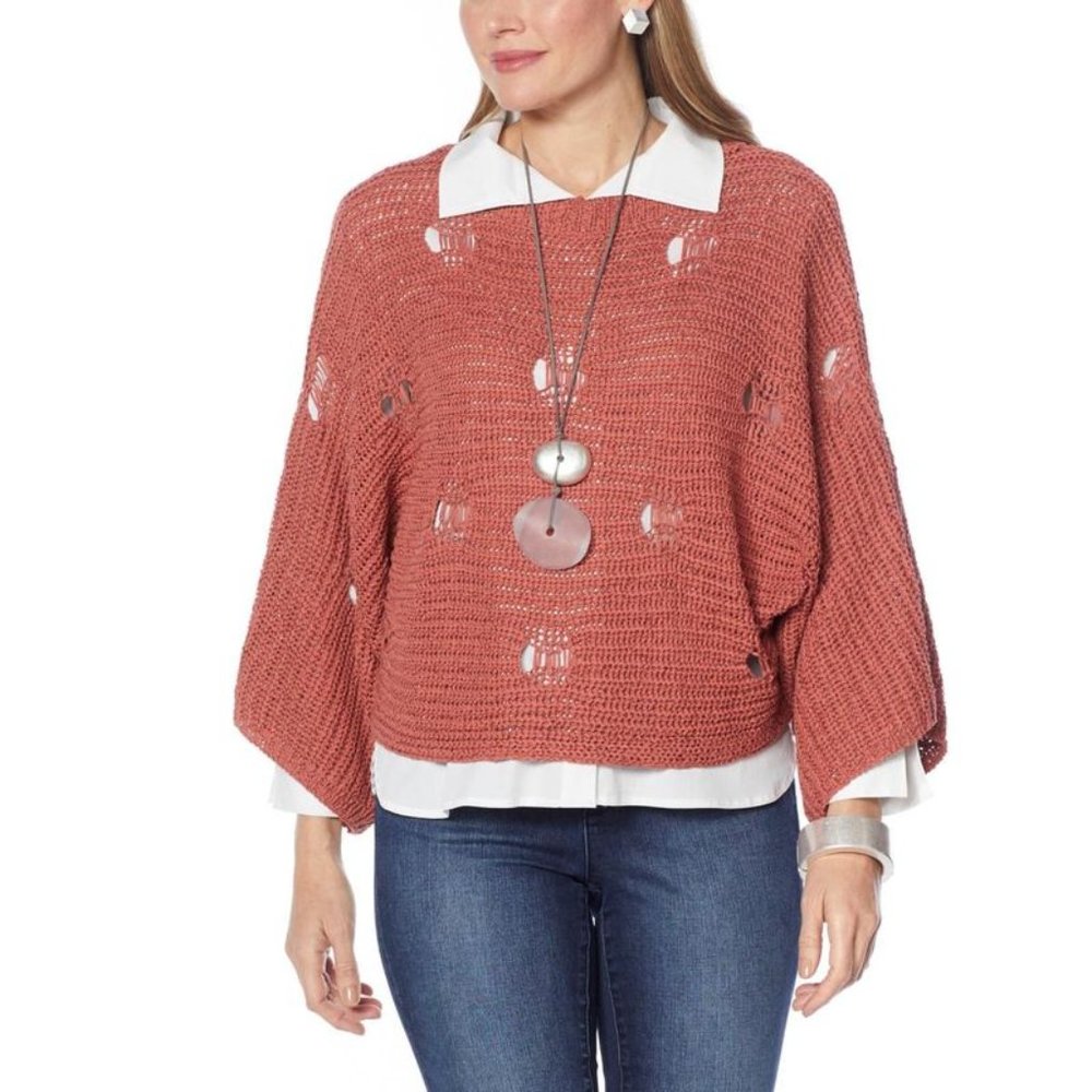 WynneLayers Open Stitch Distressed Look Sweater Knit Popover in Marsala